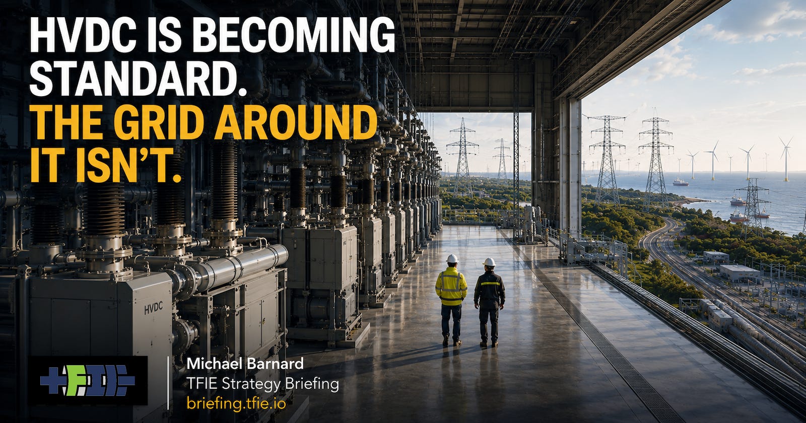 Hero graphic showing a large HVDC converter station opening onto transmission lines, offshore wind turbines and the coast, with two engineers walking through the facility. Text reads: “HVDC Is Becoming Standard. The Grid Around It Isn’t.”