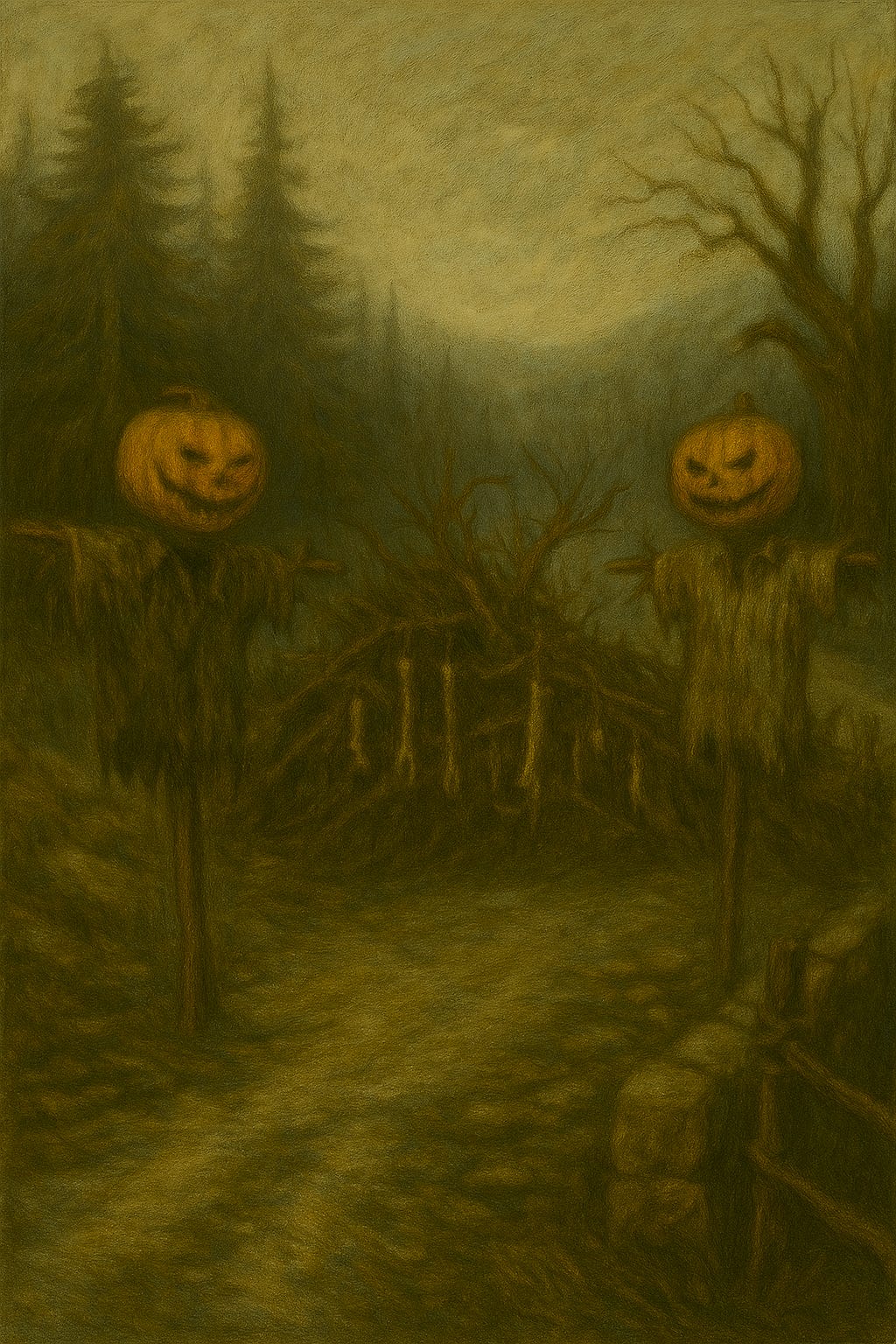 The Luna River Crossroads is cloaked in mist. Across the western path, a barricade of hacked bramble and thorn sprawls like a wound. Mud is smeared thick across its base, and bones—long, pale, and not all animal—dangle from the knots, clacking faintly in the fog. On either side of the road, two scarecrows stand sentinel. Their frames are lashed sticks and rotting burlap, stuffed with straw already torn by crows. Moldy shirts hang loose on their frames. Each head is a carved pumpkin, jagged mouths split into cruel grins, eyes hollow and black. The atmosphere is eerie, oppressive, and filled with dread.