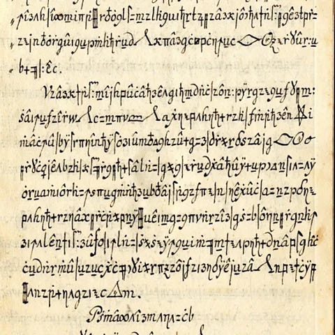 Beáta Megyesi An encrypted page from the Copiale cipher covered in handwritten symbols and letters (Credit: Beáta Megyesi) Beáta Megyesi An encrypted page from the Copiale cipher covered in handwritten symbols and letters (Credit: Beáta Megyesi)