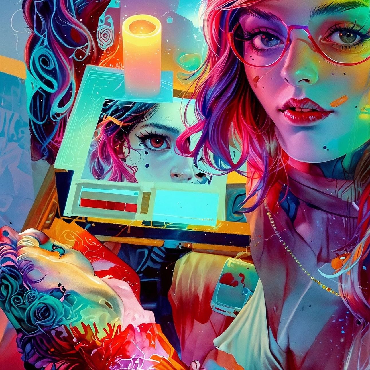 A vibrant digital illustration depicting a young woman with vivid multicolored hair and stylish glasses, surrounded by bright, neon-like colors, digital screens, artistic tools, and abstract design elements.