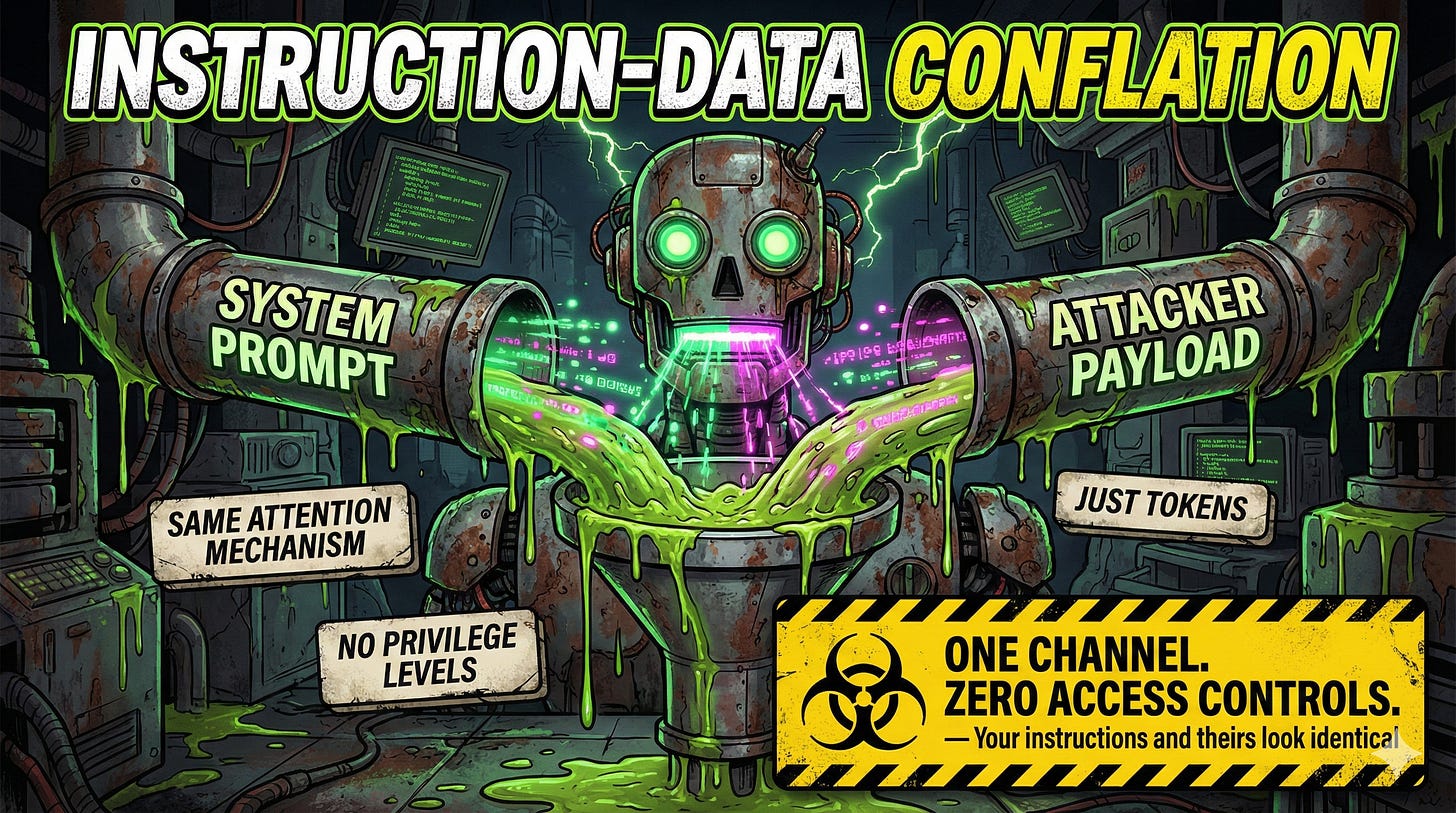 Instruction-data conflation explained as LLMs process system prompts and attacker payloads through identical attention mechanisms with no privilege separation