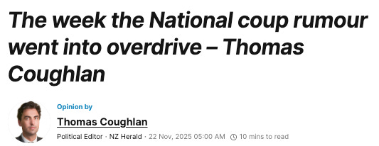 Headline: "The week the National coup rumour went into overdrive – Thomas Coughlan." Headline: "The week the National coup rumour went into overdrive – Thomas Coughlan."
