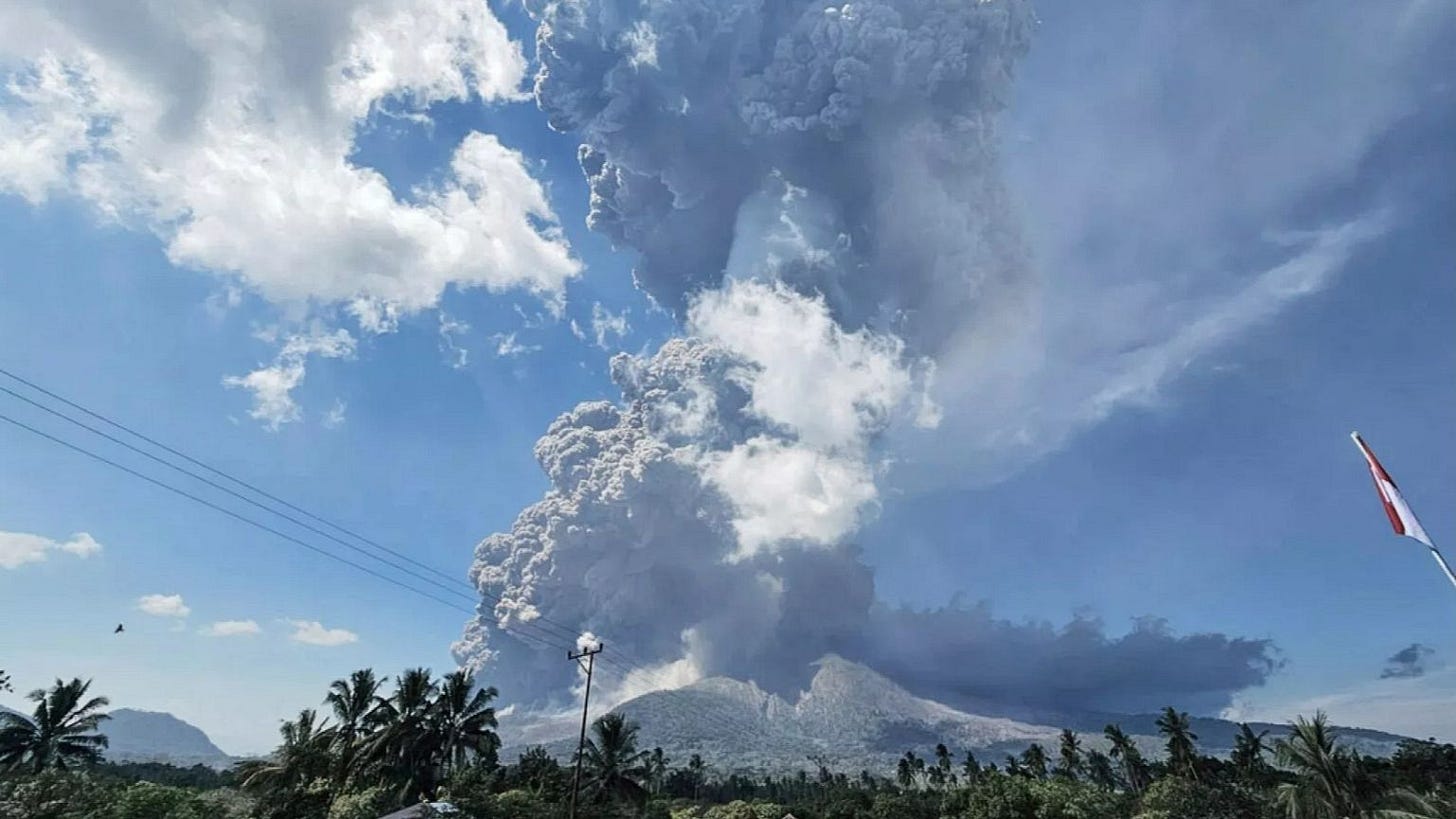 Mount Lewotobi Laki-Laki spews volcanic materials into the air during an eruption, in Indonesia.