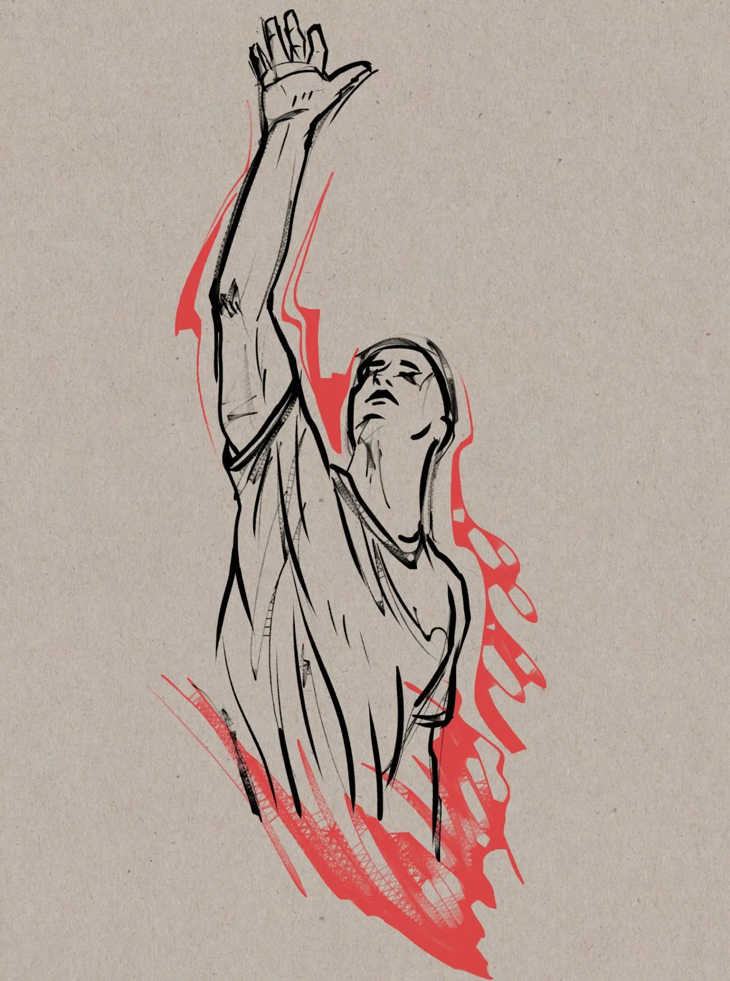 Line illustration of a man holding his arm up in the air, with his fingers splayed. With red paint around him like an aura. Line illustration of a man holding his arm up in the air, with his fingers splayed. With red paint around him like an aura.