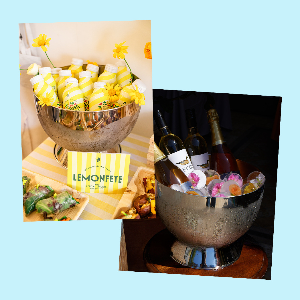 A 2-photo collage showing drinks in champagne buckets.