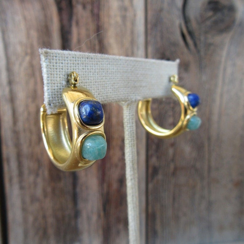 90s Gold Tone Hoops | Bejeweled Multicolor Cabochon Hoop Earrings | Chunky Lever Back Hoops | Modernist Wide Fat Hoops image 1