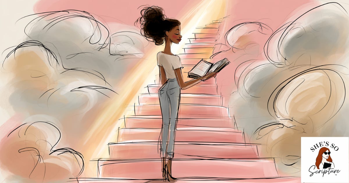Watercolor fashion illustration of a woman with her Bible standing at the foot of a staircase of light descending from the clouds, symbolizing God coming down to His people. Watercolor fashion illustration of a woman with her Bible standing at the foot of a staircase of light descending from the clouds, symbolizing God coming down to His people.