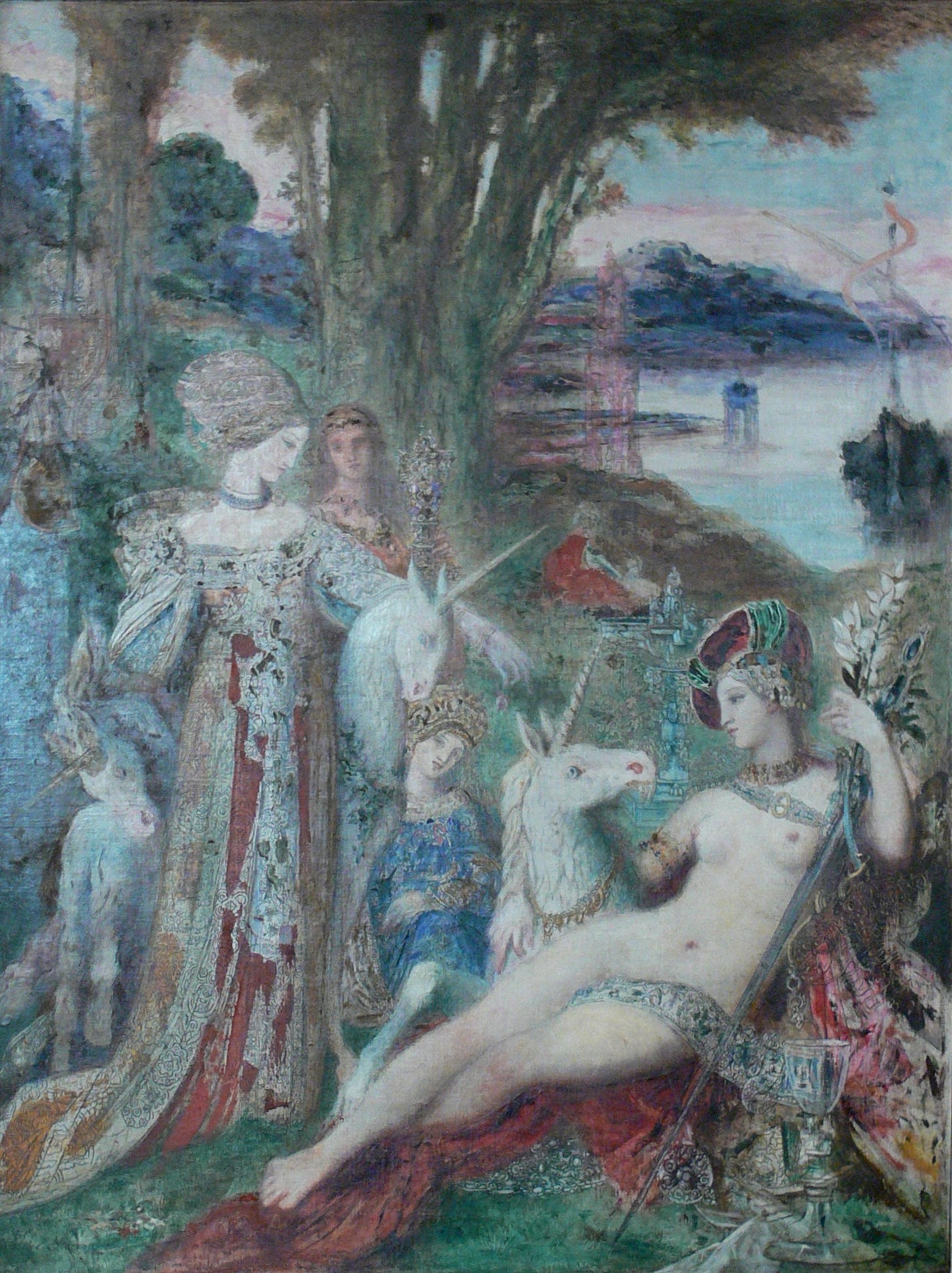 Moreau's canvas: women in jeweled gowns and a reclining nude with unicorns under a tree on an island, a ship on the water behind them