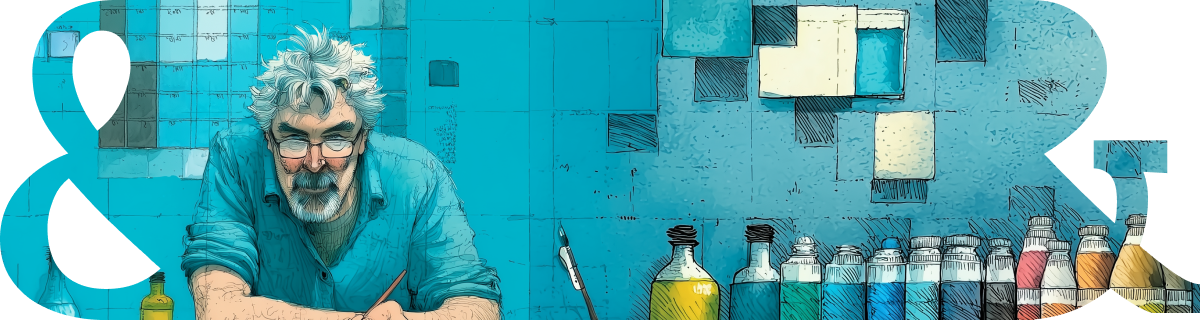 Older man with gray hair and glasses leaning over a table lined with multicolored glass bottles, against a split white and blue gridded background, flanked by large stylized ampersands.