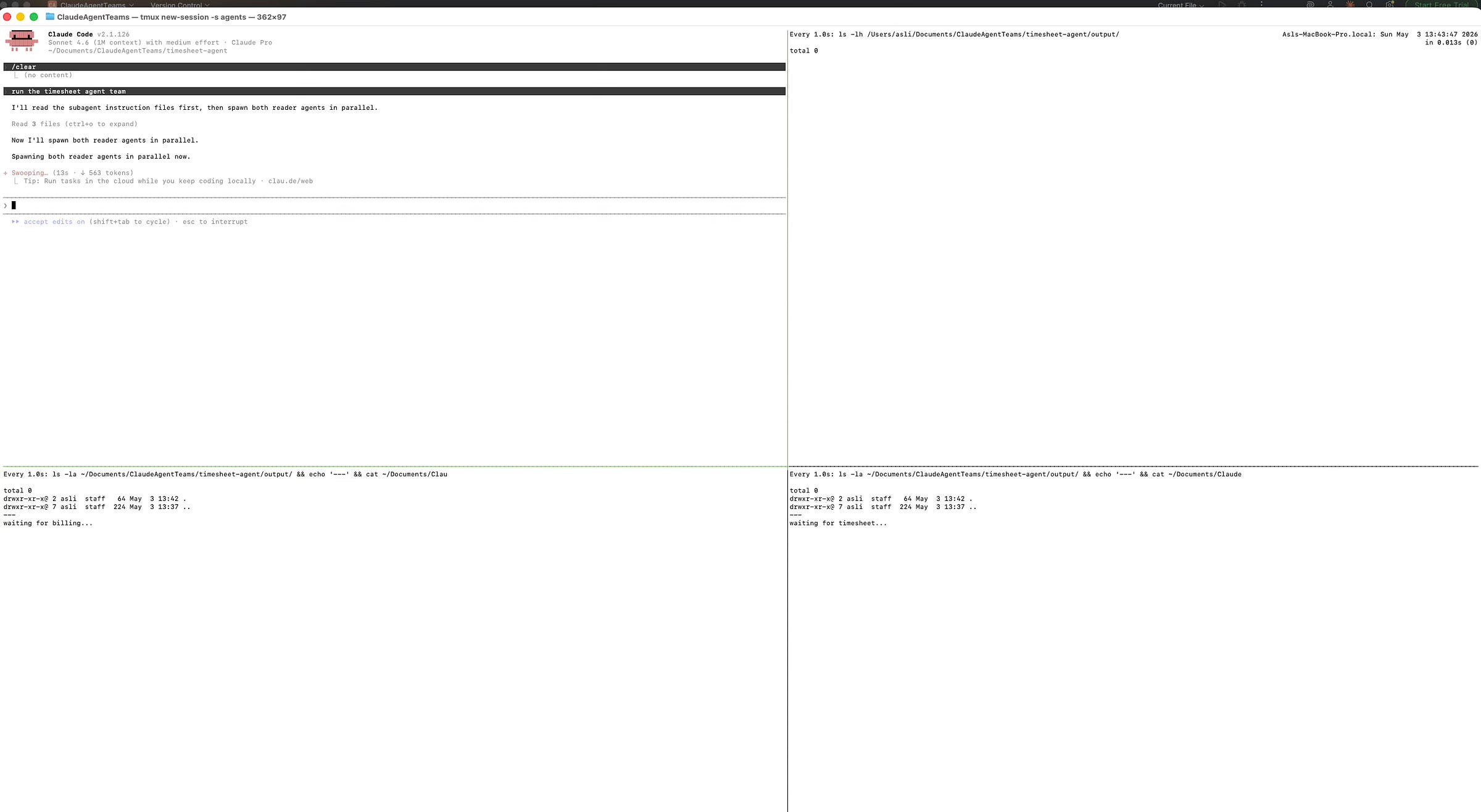 Tmux terminal showing Claude Code agent teams working on task