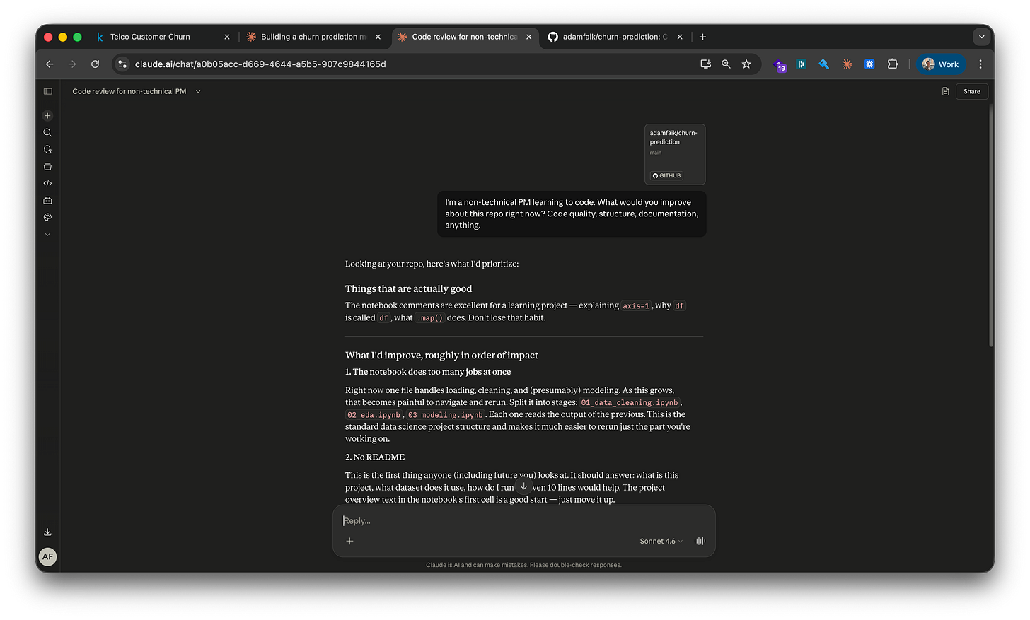 Claude.ai chat showing the prompt “I’m a non-technical PM learning to code. What would you improve about this repo right now?” with response listing strengths and improvements