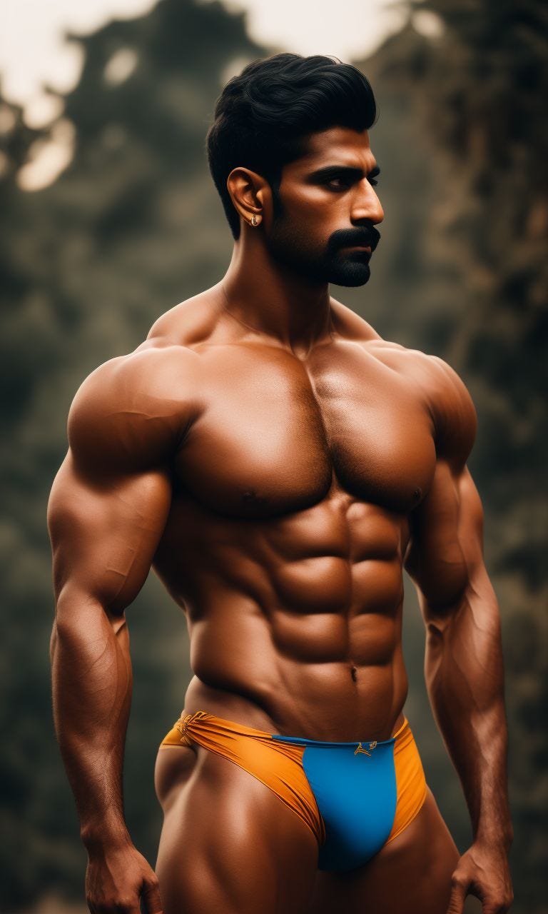 blond-whale183: super muscular indian man wearing only a golden speedo  facing forward full body