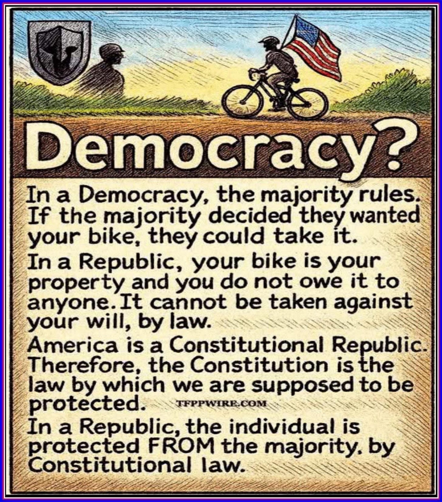 May be an image of text that says 'ലോാ Democracy? In a Democracy, the majority rules. If the majority decided they wanted your bike, they could take it. In a Republic, your bike is your property and you do not owe it to anyone. It cannot be taken against your will, by law. America is a Constitutional Republic. Therefore, the Constitution is the law by which we are supposed to be protected. TFPPWIRR.COM In a Republic, the individual is protected FROM the majority. by Constitutional law.'