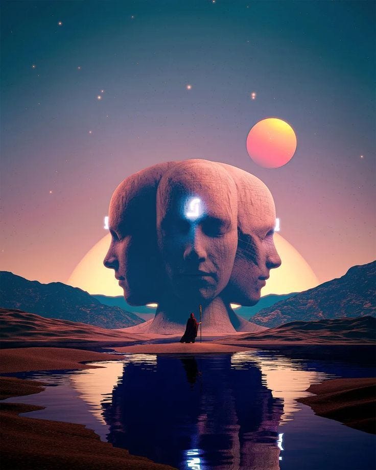 This may contain: two people standing in front of a body of water with the sun setting behind them This may contain: two people standing in front of a body of water with the sun setting behind them