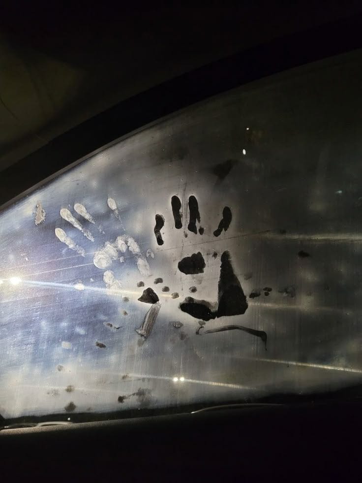 This may contain: a hand print on the side of a vehicle