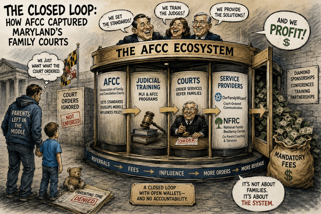 Illustration showing the closed-loop system of Maryland's family courts, highlighting the AFCC ecosystem. Features characters discussing court orders, standard-setting, training judges, and profit generation, emphasizing ignored court orders and a lack of accountability.