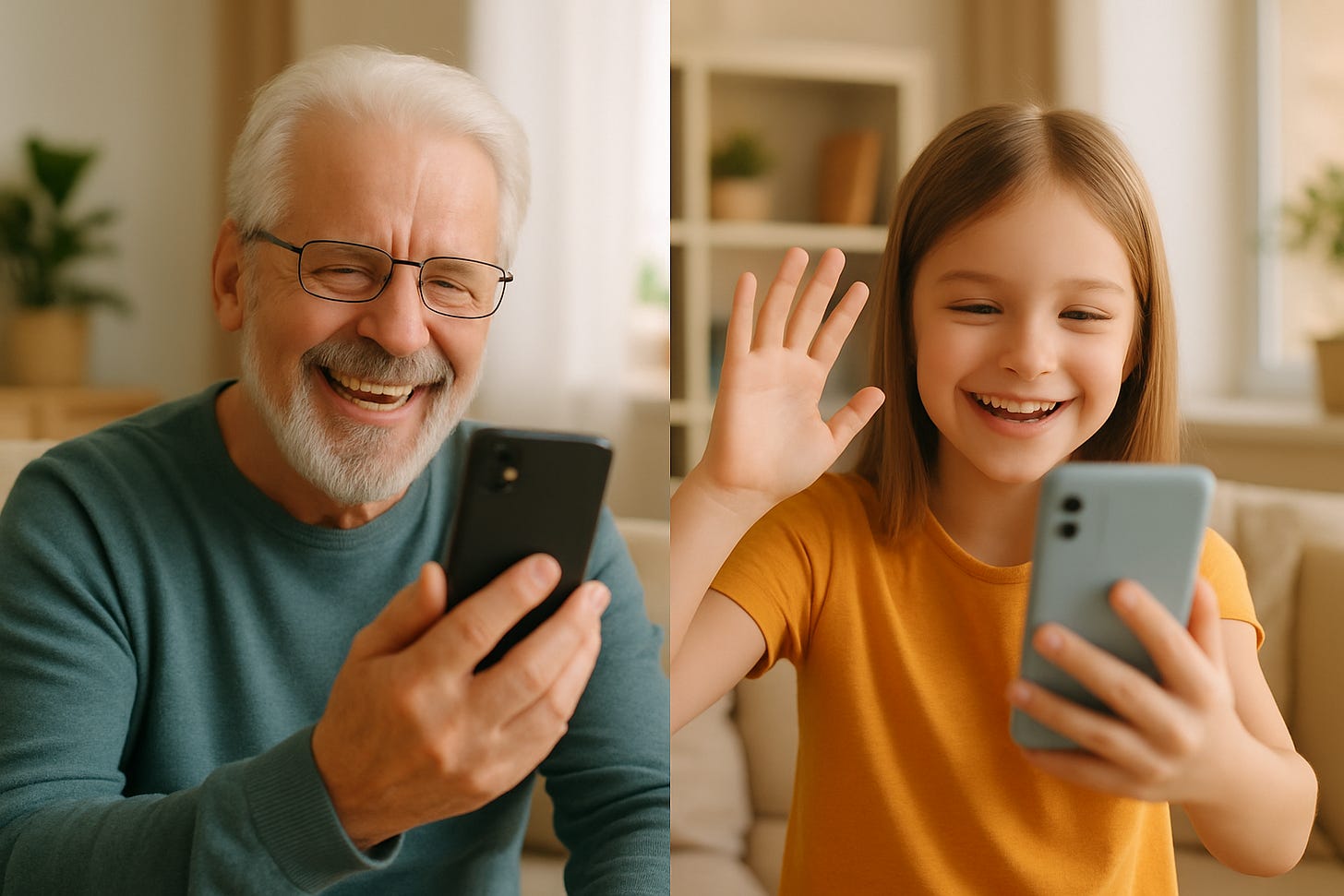 A senior and grandchild happily video chatting on phones, both smiling.