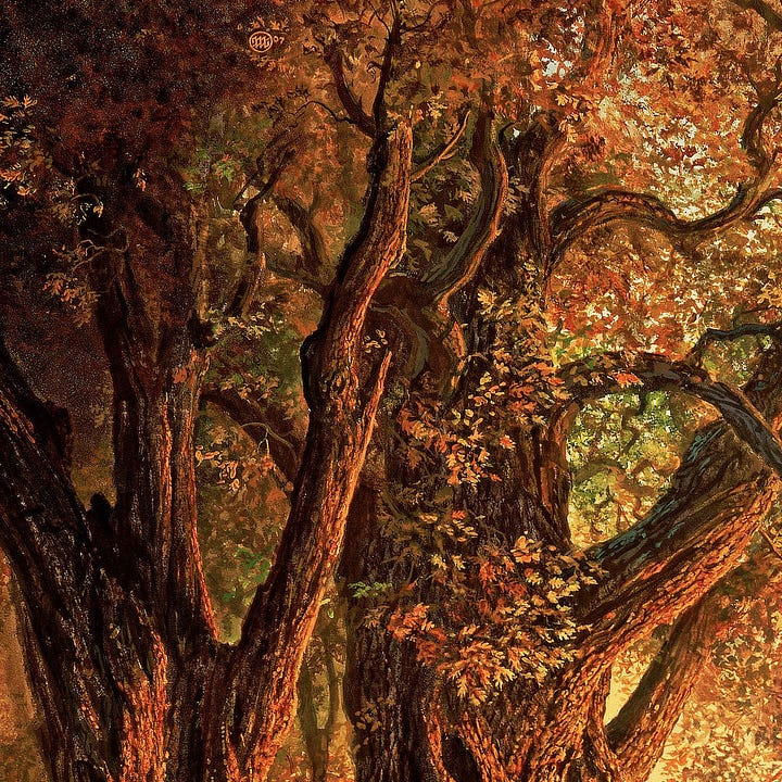 LEFT: Detail from RISING featuring a woman in long dress hovering in open air. She holds her hands out as if presenting a clear spherical vessel containing a solitary flame. The trees next to her are intricately texture, and their leaves are as yellow as the golden light of the sun the bathes the entire image in warmth. RIGHT: Background detail from RISING featuring the artists sigil, the stylized letters M and W combined within a circle, hidden among the leaves of the trees.