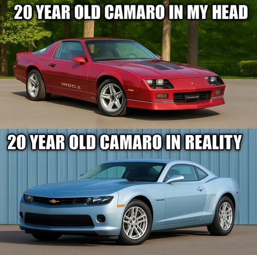 May be an image of ‎car and ‎text that says '‎20 YEAR OLD CAMARO IN MY HEAD IROCZ ROCZ Wss L اا SIME 20 YEAR OLD CAMARO IN REALITY‎'‎‎