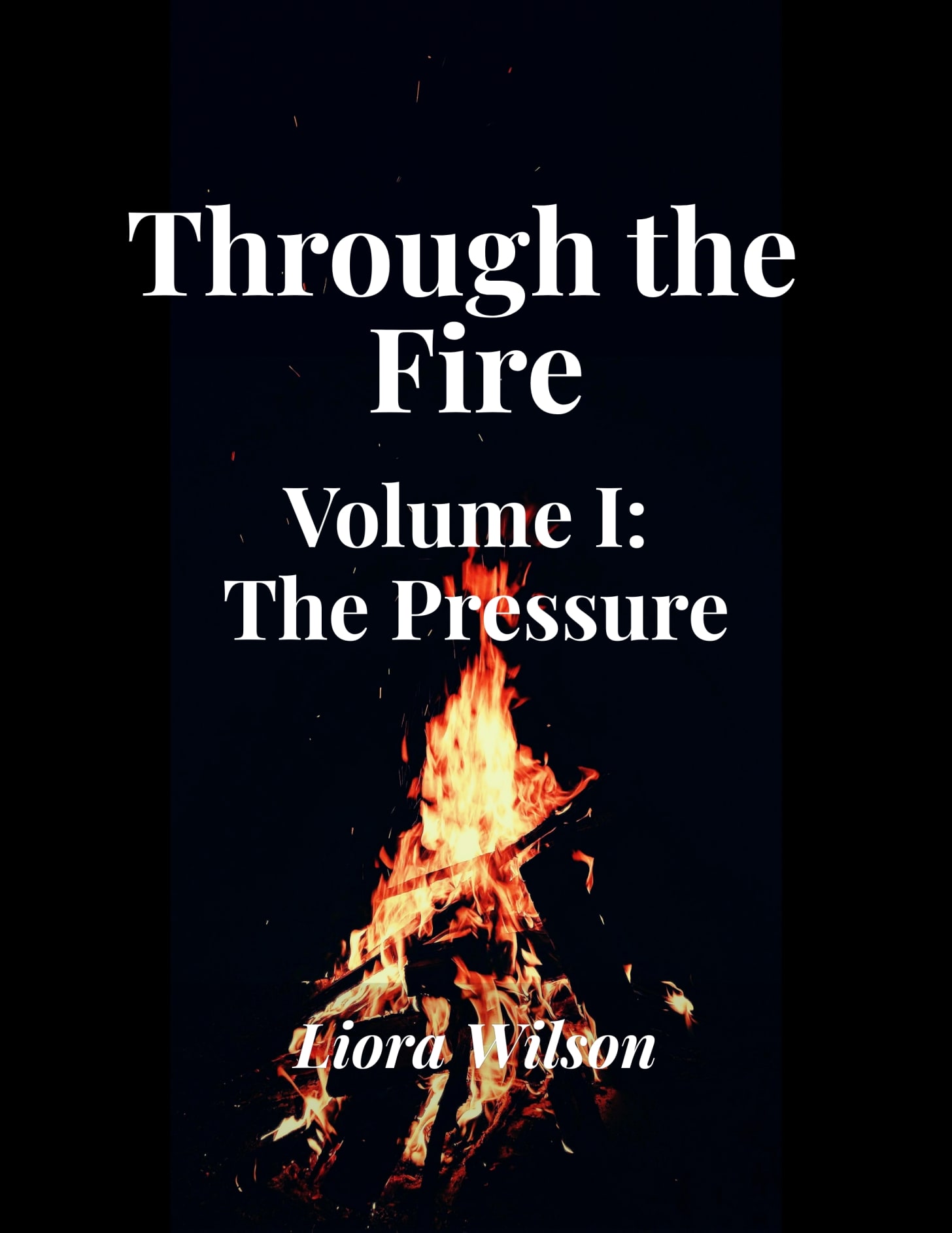 Chapbook cover - Through the Fire, Volume I: The Pressure, by Liora Wilson; Image of a bonfire throwing sparks into the night sky