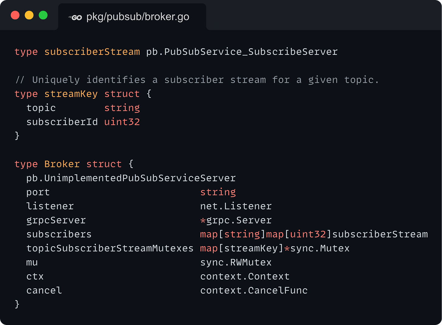 type subscriberStream pb.PubSubService_SubscribeServer  // Uniquely identifies a subscriber stream for a given topic. type streamKey struct {   topic        string   subscriberId uint32 }  type Broker struct {   pb.UnimplementedPubSubServiceServer   port                         string   listener                     net.Listener   grpcServer                   *grpc.Server   subscribers                  map[string]map[uint32]subscriberStream   topicSubscriberStreamMutexes map[streamKey]*sync.Mutex   mu                           sync.RWMutex   ctx                          context.Context   cancel                       context.CancelFunc }