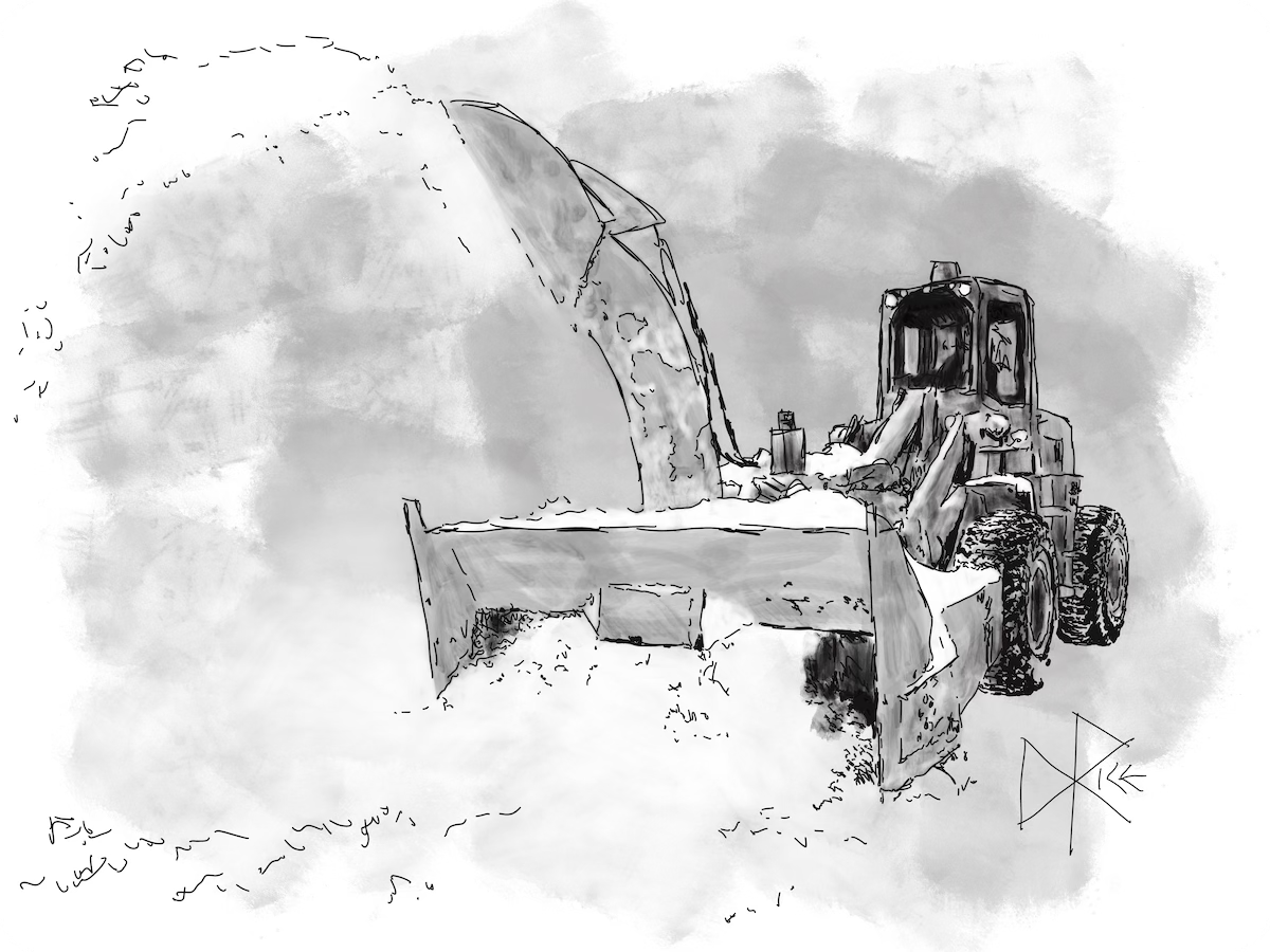Heavy front end loader with snow blowing attachment driving down the street, ingesting snow and casting it out the chute. Sketch art by Don Rice.