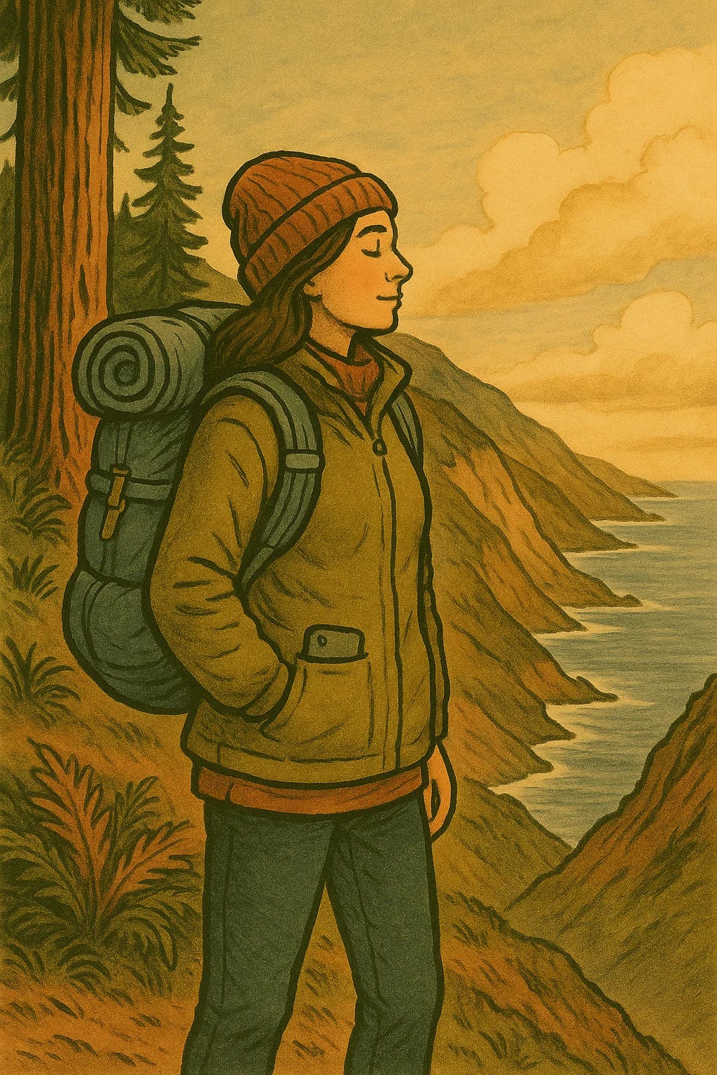 Woman backpacker standing still on a forested coastal trail, eyes closed and smiling peacefully while overlooking a dramatic ocean view — representing calm, confidence, and connection to nature during solo hiking with phone in their pocket.