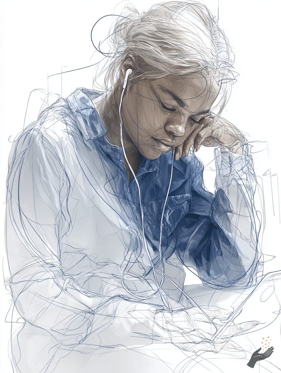 Delicate blue-gray sketch of a seated figure leaning forward with one hand at the head, rendered in loose lines and washes.