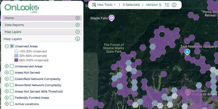 An example from the FCC's BDC Data of an unserved area in the U.S. using CostQuest's OnLook GIS Application.