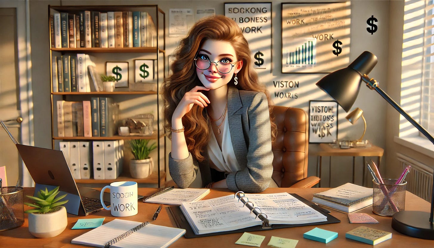 A photorealistic illustration of a rather cute woman in her 20s or 30s, sitting comfortably at a modern, well-organized desk in a warm, well-lit office space. She has a playful smirk, with long wavy hair and glasses, dressed in a professional business outfit—think a fitted blazer over a blouse, tailored trousers or a pencil skirt, and subtle accessories. The desk is neatly arranged with open notebooks, a coffee mug, sticky notes, and a laptop showing multiple tabs open, indicating she’s been avoiding work. Scattered around are books with titles hinting at entrepreneurship, finance, and business strategies, alongside a vision board with dollar signs, motivational quotes, and sketches of business ideas. In the background, a sleek bookshelf and a few tasteful decor pieces add to the professional atmosphere. Sunlight streams through a nearby window, giving the scene a productive yet procrastinatory vibe. Her expression suggests she's confidently and cheekily procrastinating her way to success.