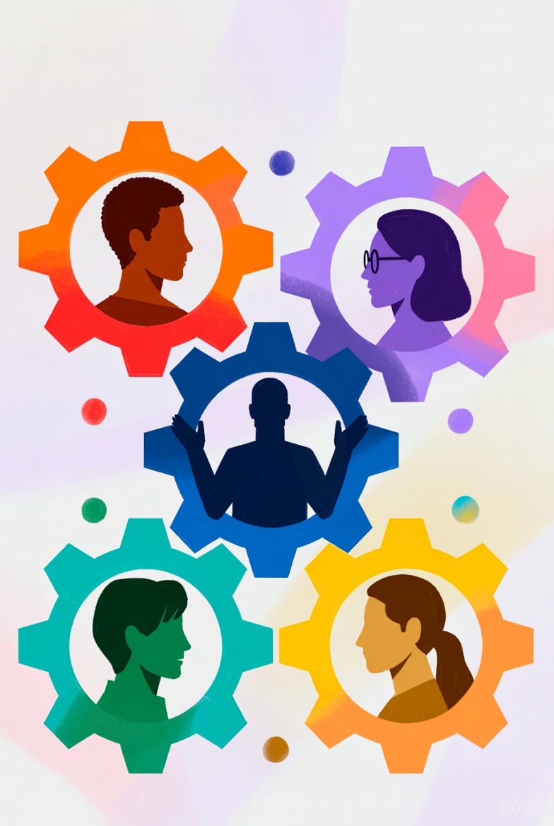 Colorful illustration of five interlocking gears (or puzzle pieces) with diverse silhouettes or icons, representing complementary team roles forming a harmonious, complete system representing how to overcome the hidden cost of hustle culture