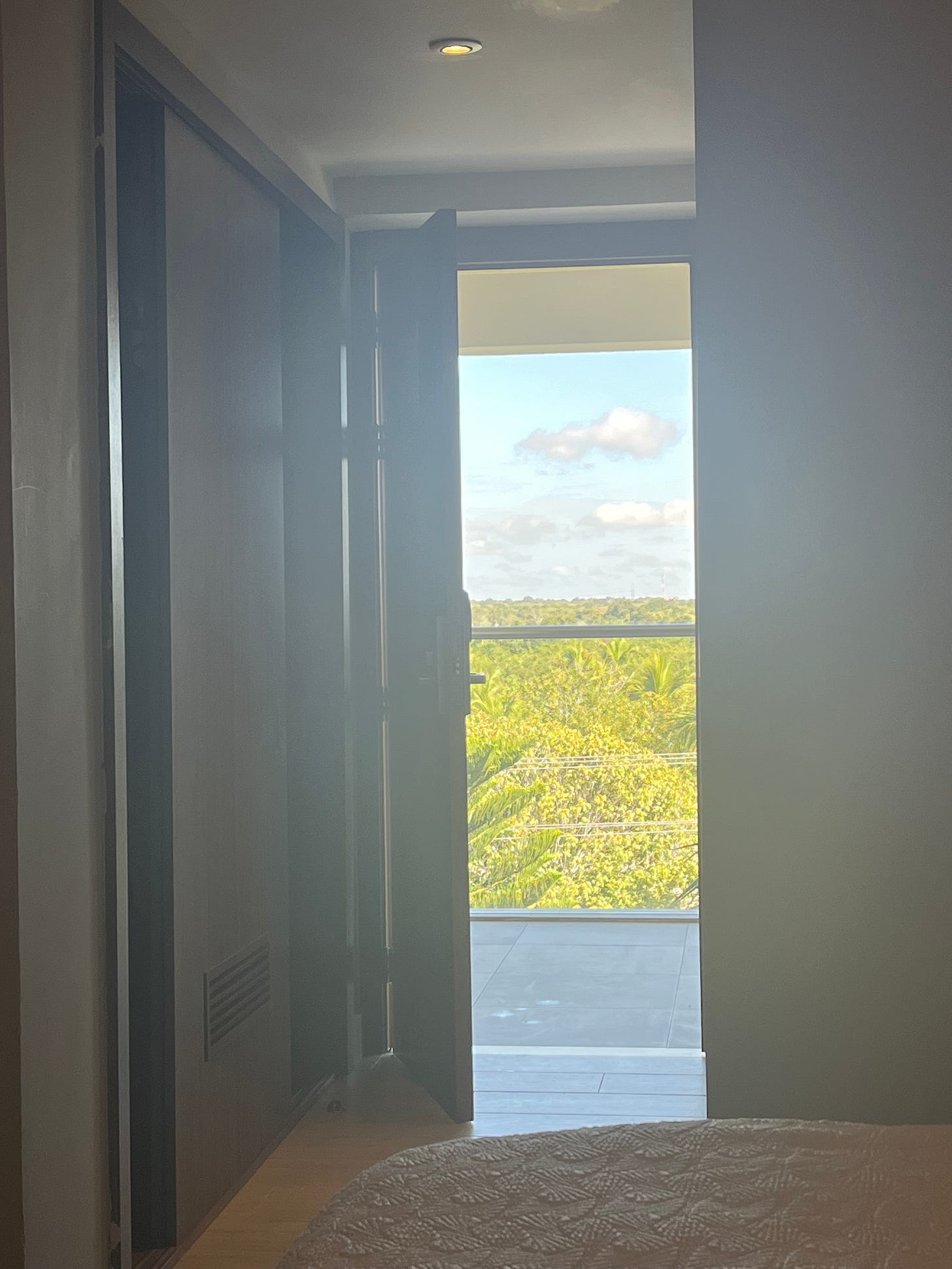 A plain and dark hotel room with the door ajar. Outside is warm, bright and full of fertile green palm trees.