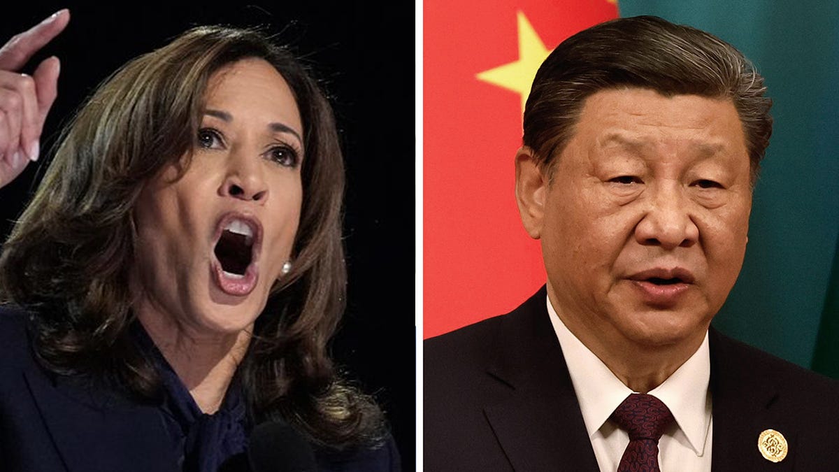 Split image showing Kamala Harris shouting on one side and President of China Xi Jinping looking stern on the other. Split image showing Kamala Harris shouting on one side and President of China Xi Jinping looking stern on the other.