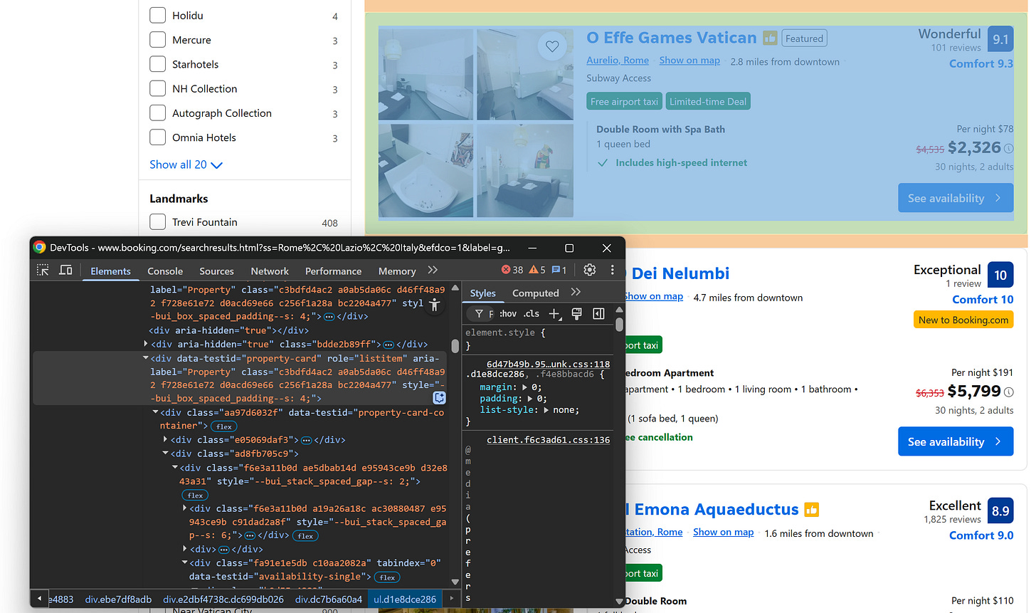 Inspecting a property listing card in the DevTools