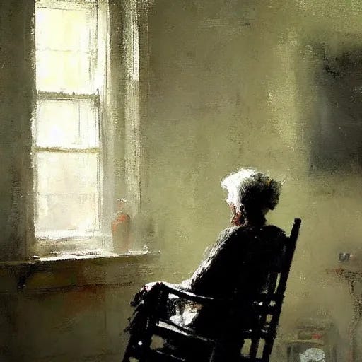 Prompt: lonely old woman sitting alone on rocking chair, painting by jeremy mann