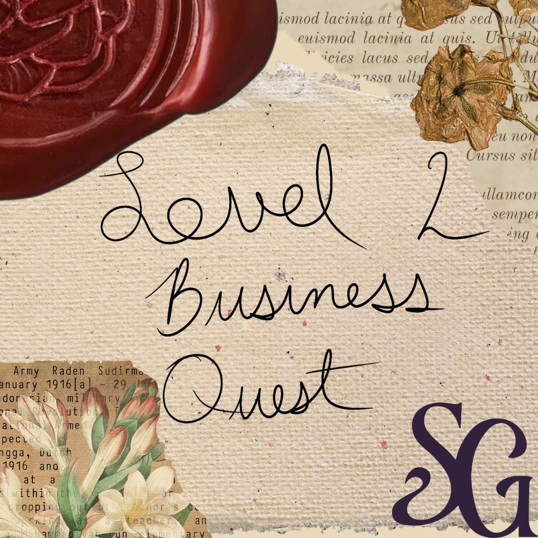 "Level 2 Business Quest" written in cursive over a scrapbook background