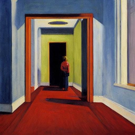 woman standing in hallway, red floors