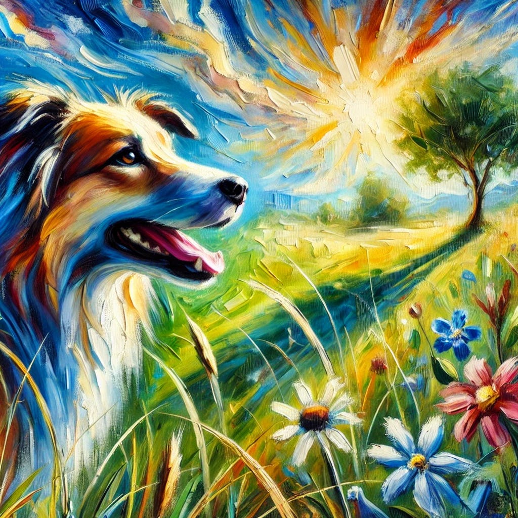 An expressive oil painting featuring a healthy and vibrant dog in a serene natural setting, symbolizing natural immunity and holistic well-being. The dog is depicted in a meadow with lush green grass and colorful wildflowers, under a bright blue sky with soft, warm sunlight. In the background, there is a subtle hint of a natural sanctuary, emphasizing harmony with nature. The painting has bold and rich colors, with dynamic brushstrokes creating a lively and optimistic atmosphere. Exclude any medical or pharmaceutical symbols. An expressive oil painting featuring a healthy and vibrant dog in a serene natural setting, symbolizing natural immunity and holistic well-being. The dog is depicted in a meadow with lush green grass and colorful wildflowers, under a bright blue sky with soft, warm sunlight. In the background, there is a subtle hint of a natural sanctuary, emphasizing harmony with nature. The painting has bold and rich colors, with dynamic brushstrokes creating a lively and optimistic atmosphere. Exclude any medical or pharmaceutical symbols.