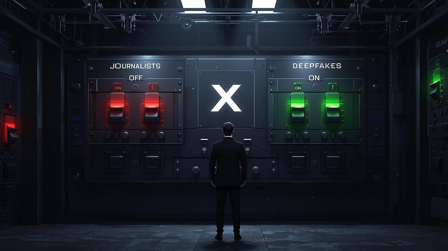 Illustration of Elon Musk at a control panel with switches showing selective content moderation – critics switched off, harmful content switched on