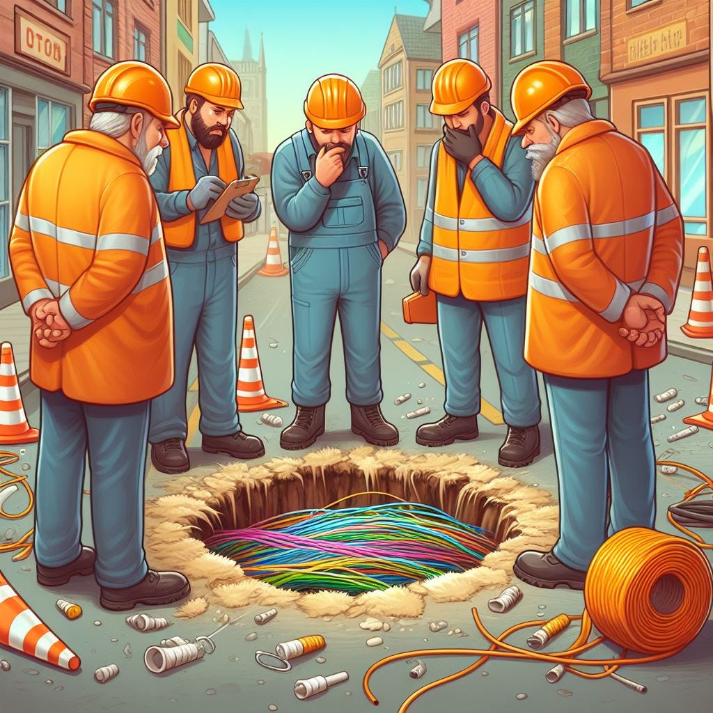 Illustration: Mehrere Bauarbeiter stehen um eine Loch in der Straße in dem bunte Kabel zu sehen sind. Alle schauen fragend ins Loch.