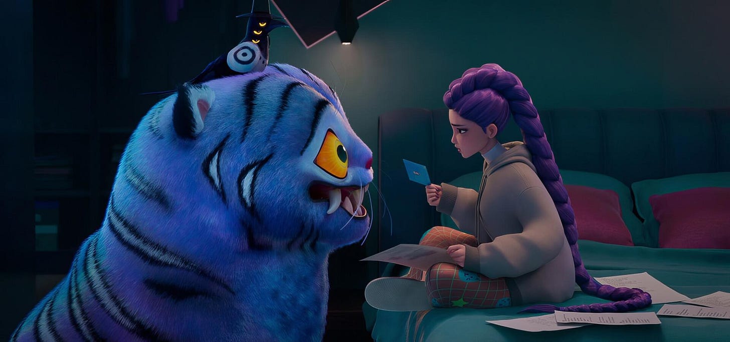 HD PC desktop wallpaper from the movie KPop Demon Hunters featuring a girl with braided hair sitting across a large blue tiger-like creature in a dimly lit room.