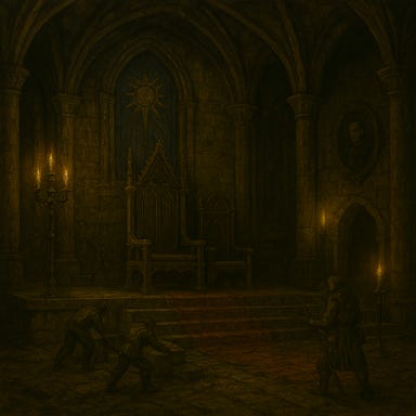 Create a gothic fantasy interior image of the Audience Hall of Castle Ravenloft. The room is vast and echoing, with high vaulted ceilings, stained-glass windows casting colored shadows, and twin thrones—one grand and one slightly smaller—set upon a raised dais. The hall is lined with cracked stone columns and faded tapestries. The floor is polished black marble, reflecting torchlight and moonlight. A long carpet leads from the entrance to the thrones, frayed at the edges. One throne is turned slightly away, as if abandoned. The atmosphere is solemn, regal, and haunted by memory.