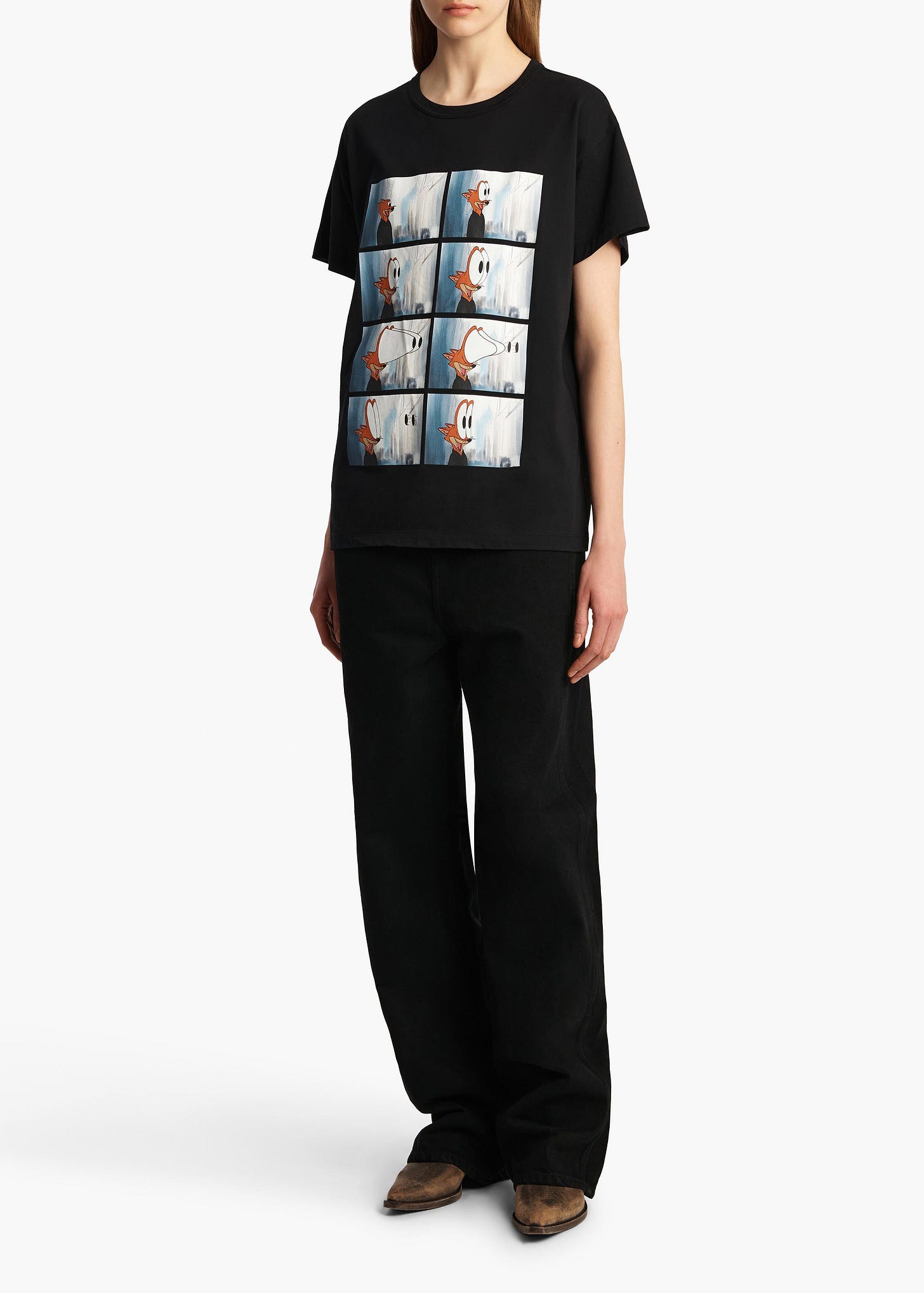 Maeve T-Shirt in Black with Fox Print STYLED VIEW
