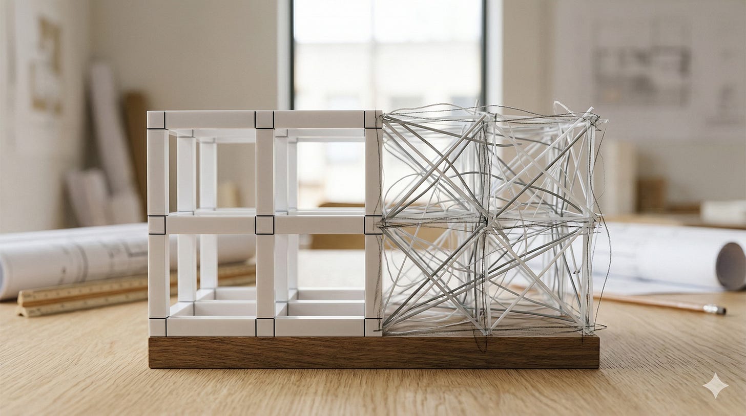 A horizontal conceptual photograph showing a split abstract building model on a wooden surface. The left half is a perfectly clean, stable black-and-white grid of solid polymer blocks. The right half shows the same grid but rendered as a chaotic, translucent tangle of grey sketches and string, visualizing the gap between perceived 'sustainable' structures and the undefined nature of organizational resilience.