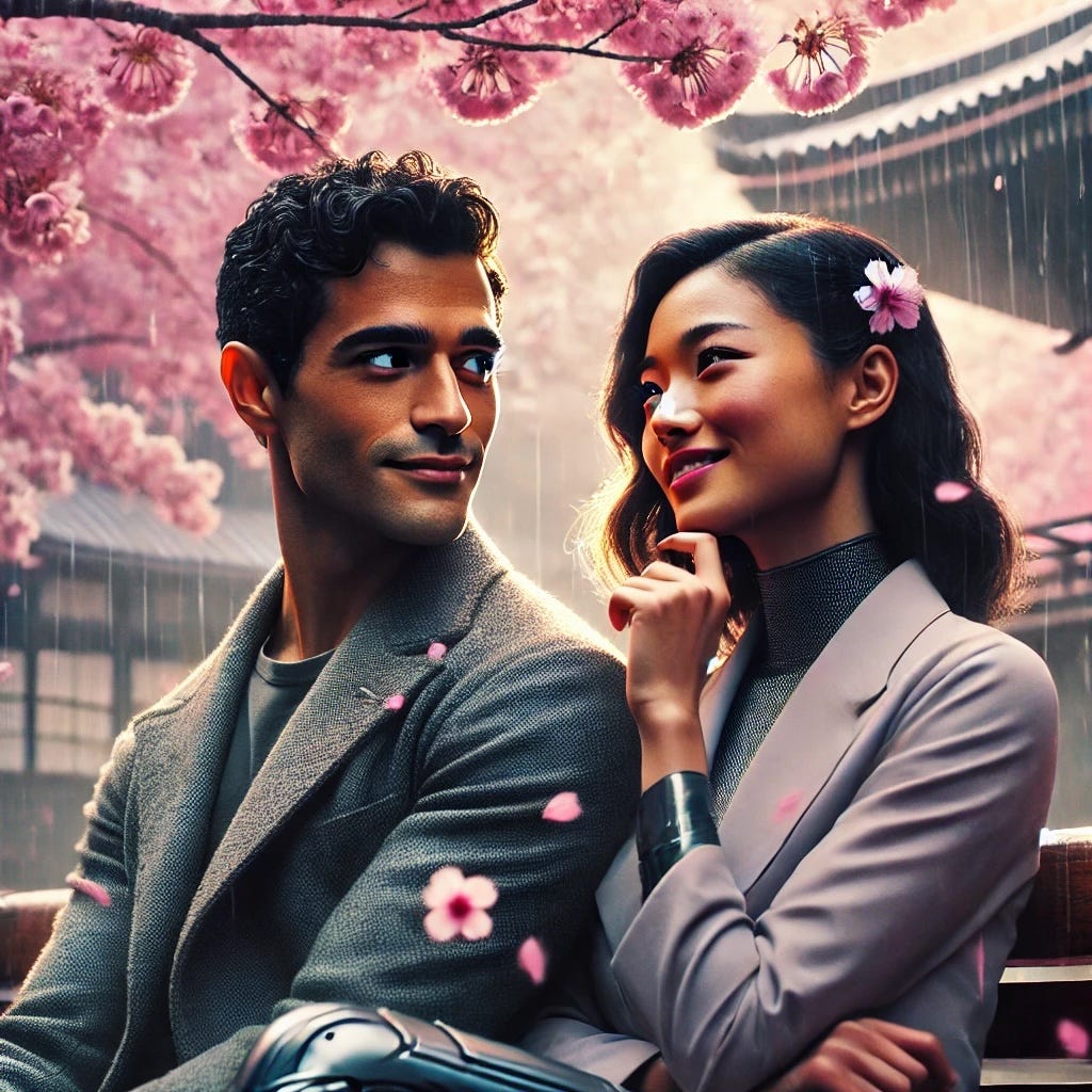 A romantic scene underneath a cherry blossom tree. 