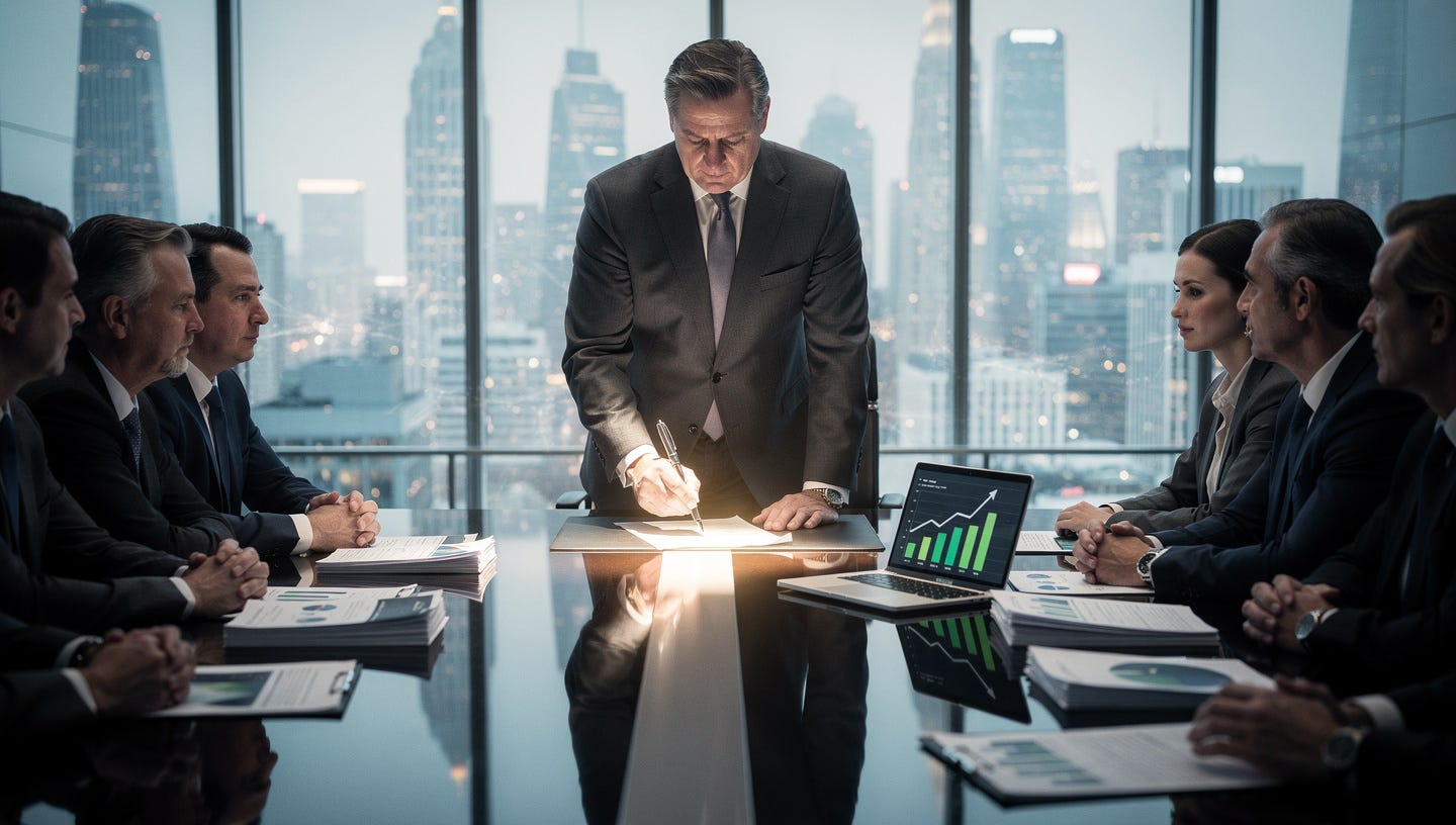 A cinematic photorealistic image illustrating corporate discipline and shareholder trust. A confident CEO or executive in his 50s, in a tailored dark suit, stands at the head of a sleek boardroom table signing an important document. The atmosphere is formal, serious and trustworthy. Around the table, a small group of attentive board members observe in silence. On the table: financial reports, a laptop showing upward charts, and a elegant pen. Large floor-to-ceiling windows reveal a bright city skyline in the background. The lighting is cool and professional, with natural daylight. The overall feeling is one of accountability, transparency and long-term commitment. Shallow depth of field, cinematic color grading with cool blue and grey tones, warm accent light on the document being signed. Wide angle, 16:9 format, photorealistic, 8K.