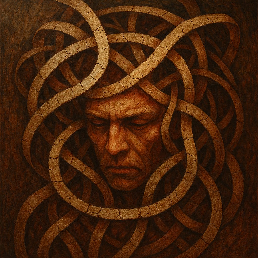 A dark, textured painting of a man's solemn, weathered face emerging from a chaotic web of cracked, tangled ribbons. The ribbons twist around and through his head, symbolising confusion, entrapment, or the fragmentation of thought. The earthy, muted tones and cracked textures evoke a sense of decay, inner struggle, and psychological entanglement.