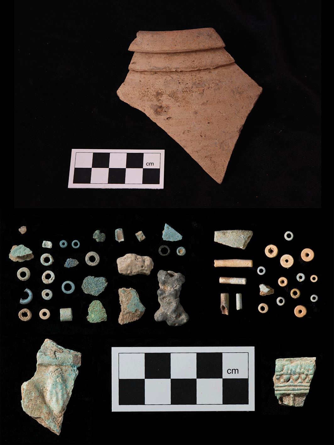 Above, an Egyptian marl storage jar rim from the compacted layer beneath the faience workshop at the Sanam Temple, Napata, Sudan. Below, multicoloured faience disk beads, vessel fragments and wasters from the workshop. Photo from Lemos et al. 2026, Antiquity, CC BY 4.0. Above, an Egyptian marl storage jar rim from the compacted layer beneath the faience workshop at the Sanam Temple, Napata, Sudan. Below, multicoloured faience disk beads, vessel fragments and wasters from the workshop. Photo from Lemos et al. 2026, Antiquity, CC BY 4.0.