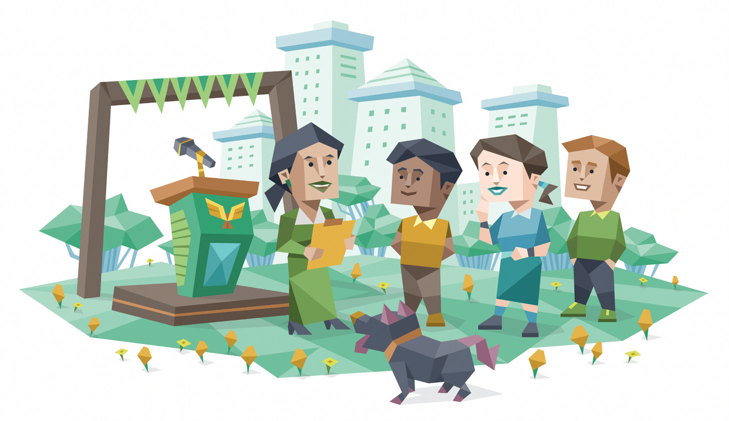 An ENFJ (Protagonist) woman preparing for a speech with three colleagues in a park setting. A podium with microphone stands nearby, and green bunting hangs overhead with city buildings visible in the background. A dog stands among the group. An ENFJ (Protagonist) woman preparing for a speech with three colleagues in a park setting. A podium with microphone stands nearby, and green bunting hangs overhead with city buildings visible in the background. A dog stands among the group.