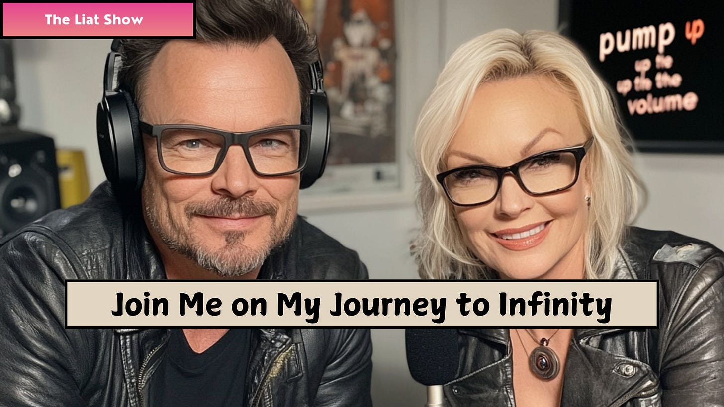 A reimagined portrait of Mark and Samantha, the hosts of The Liat Show Podcast, created using MidJourney. They are seated in a podcast studio, both wearing black leather jackets and headphones, smiling at the camera. A microphone is positioned in front of Samantha, and a screen in the background displays the words 'pump up the volume.' A reimagined portrait of Mark and Samantha, the hosts of The Liat Show Podcast, created using MidJourney. They are seated in a podcast studio, both wearing black leather jackets and headphones, smiling at the camera. A microphone is positioned in front of Samantha, and a screen in the background displays the words 'pump up the volume.'